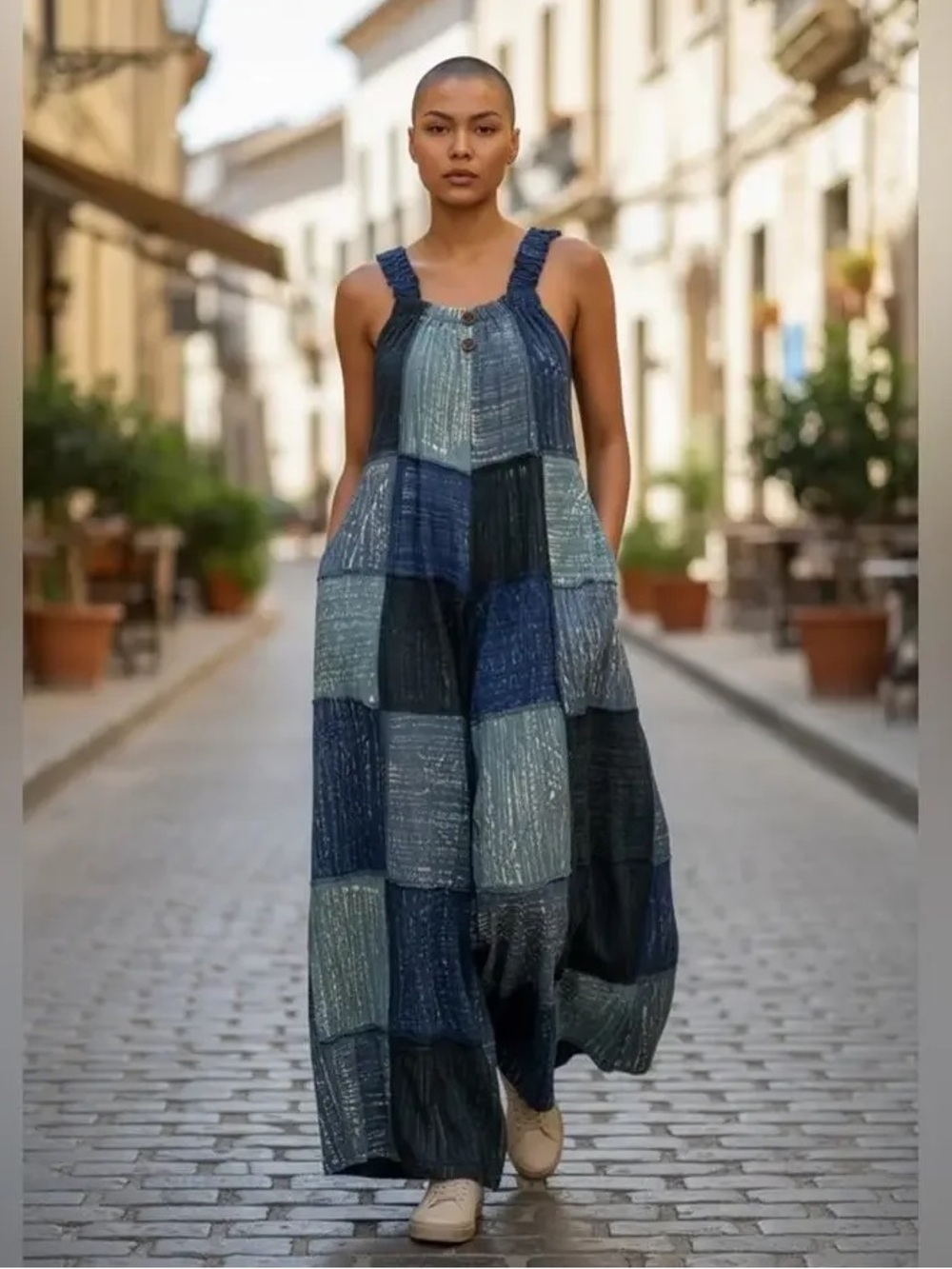 NWOT Boho Indigo Patchwork Oversized Fit Wide Leg Overalls